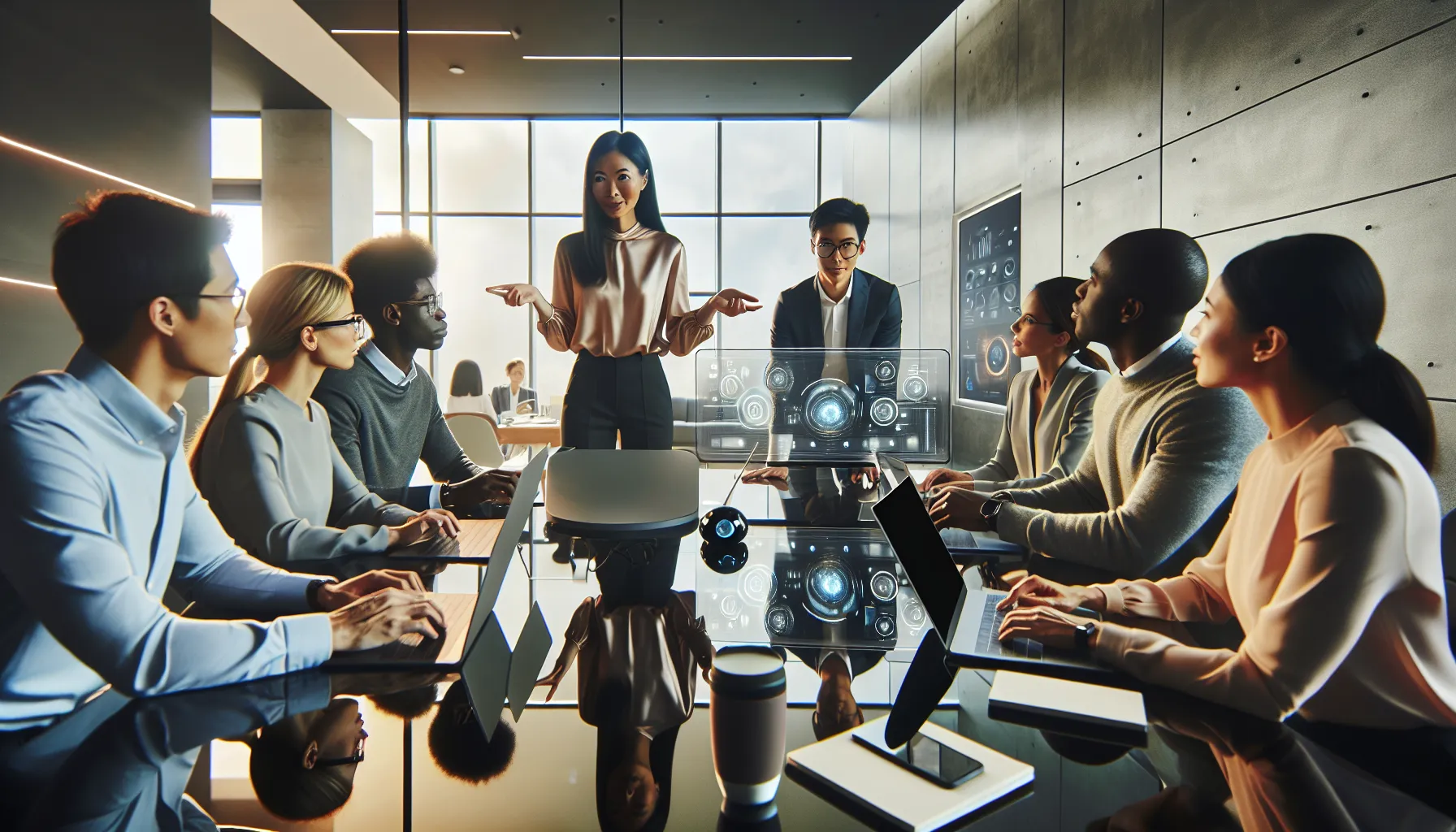 diverse team discussing technology innovations in a modern office.
