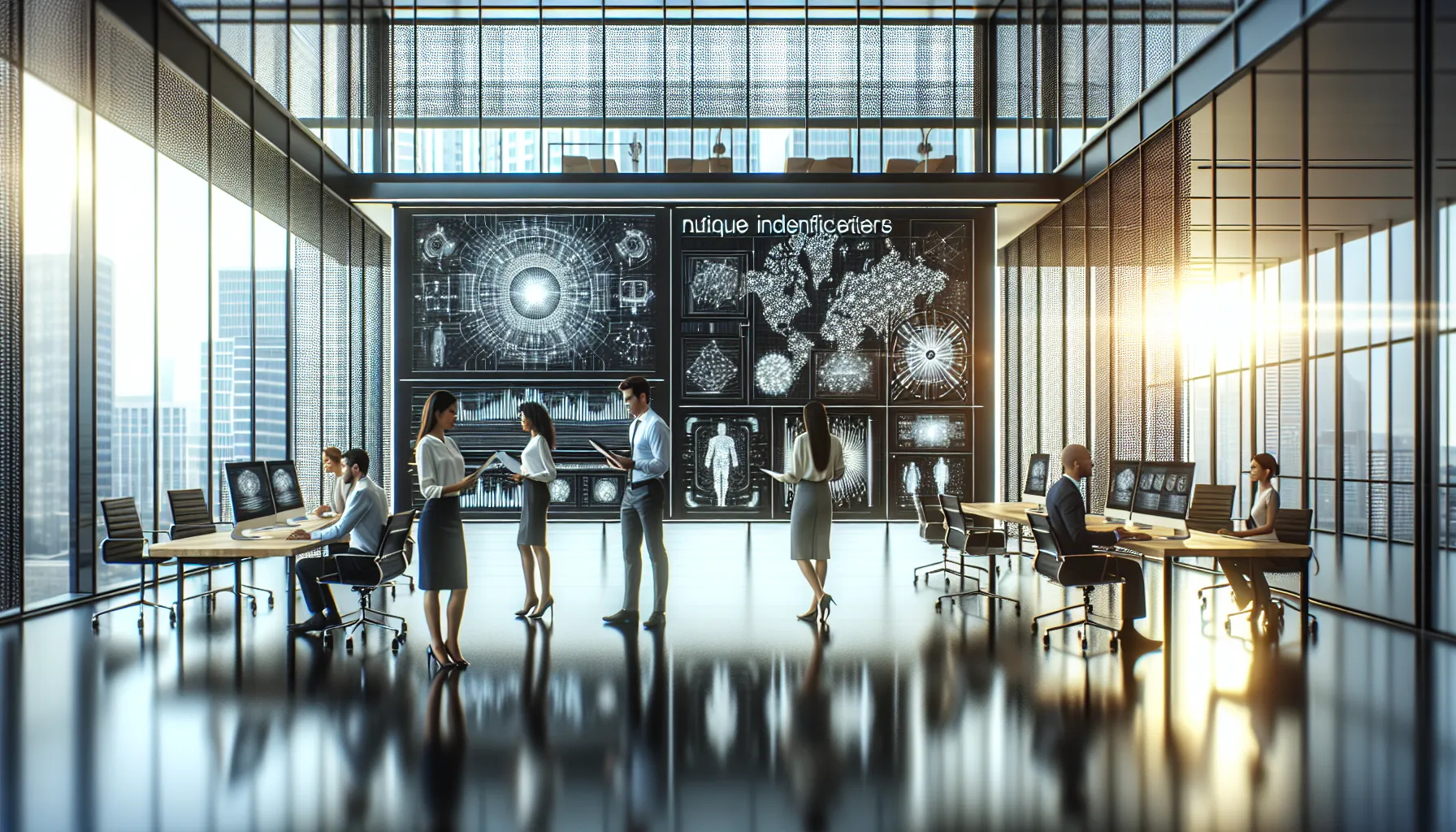 professionals collaborating in a modern office setting focusing on technology and data management.