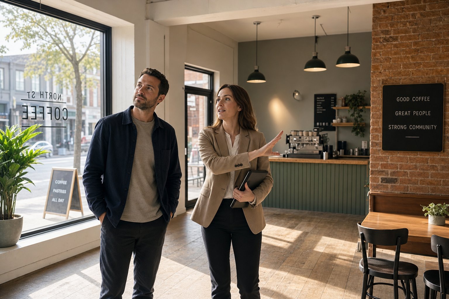 Business owner and adviser inspecting a refurbished caf&eacute; interior for commercial mortgage planning.
