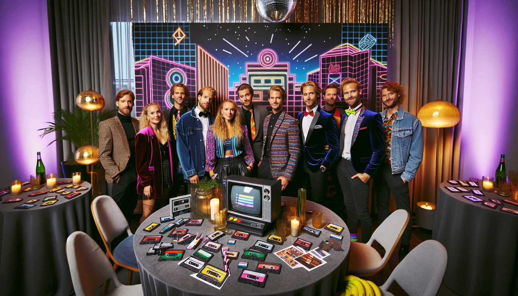 Colleagues at a norwegian retro-themed company party with neon decor and disco ball.