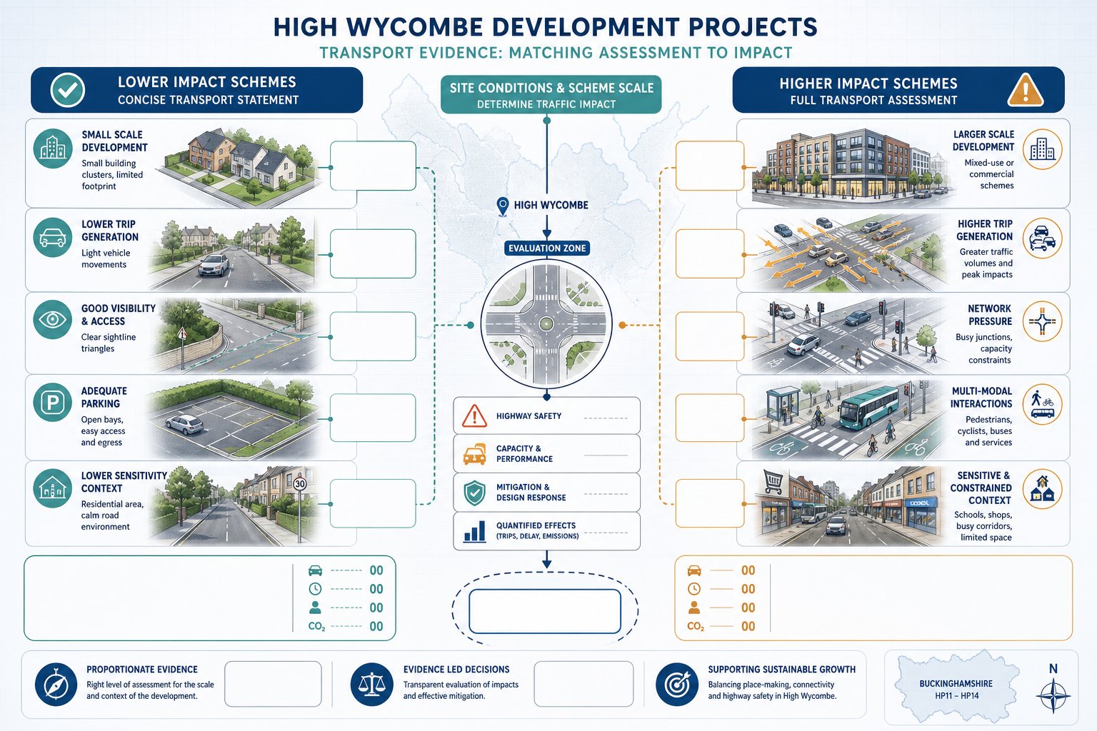 Infographic comparing low and high traffic impact development sites in High Wycombe.