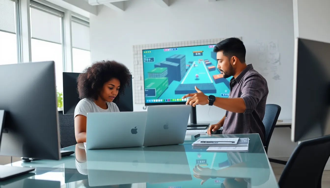 diverse game developers collaborating on Boxman556990 in a modern office.