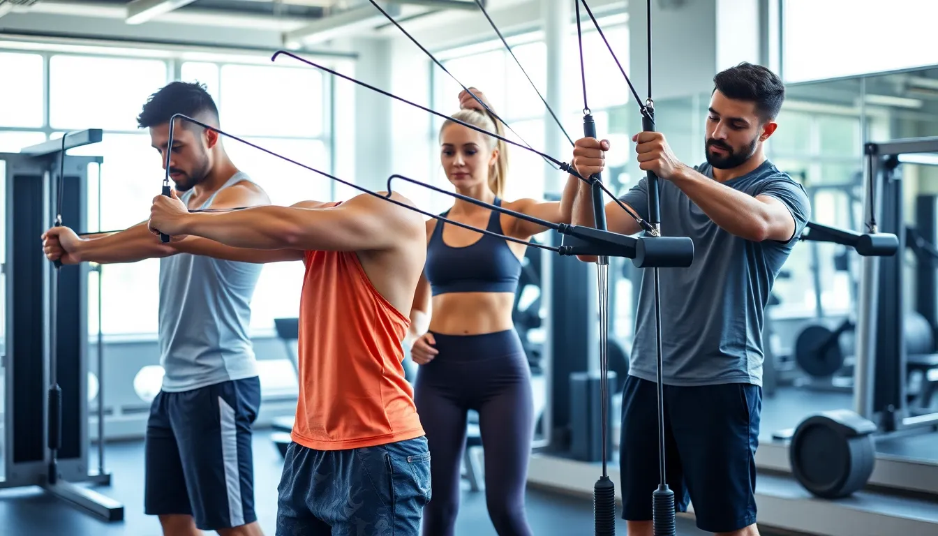 diverse individuals using a cable machine for tricep workouts in a gym.
