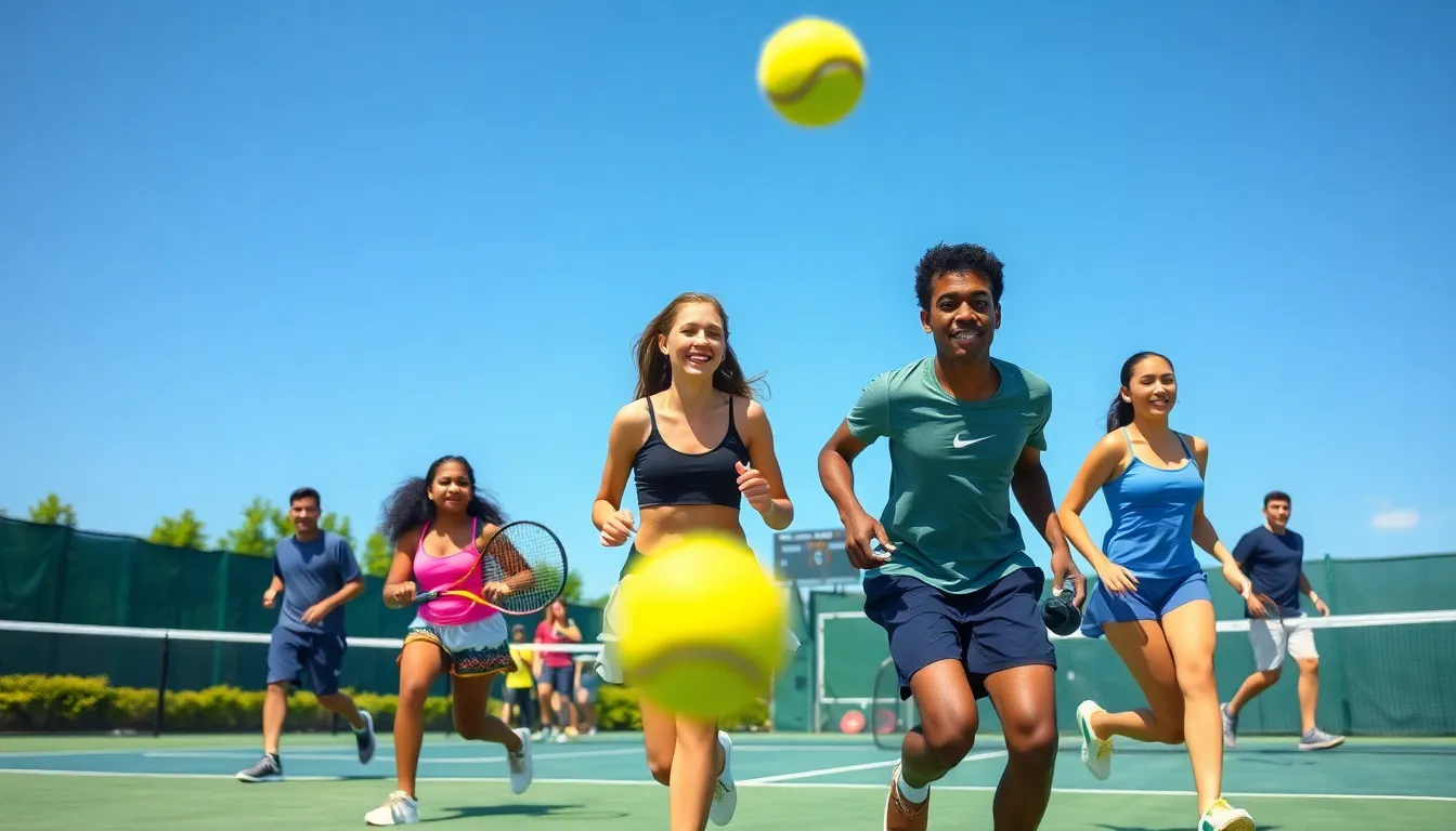 diverse young players enjoying a game of tennis on a sunny day.