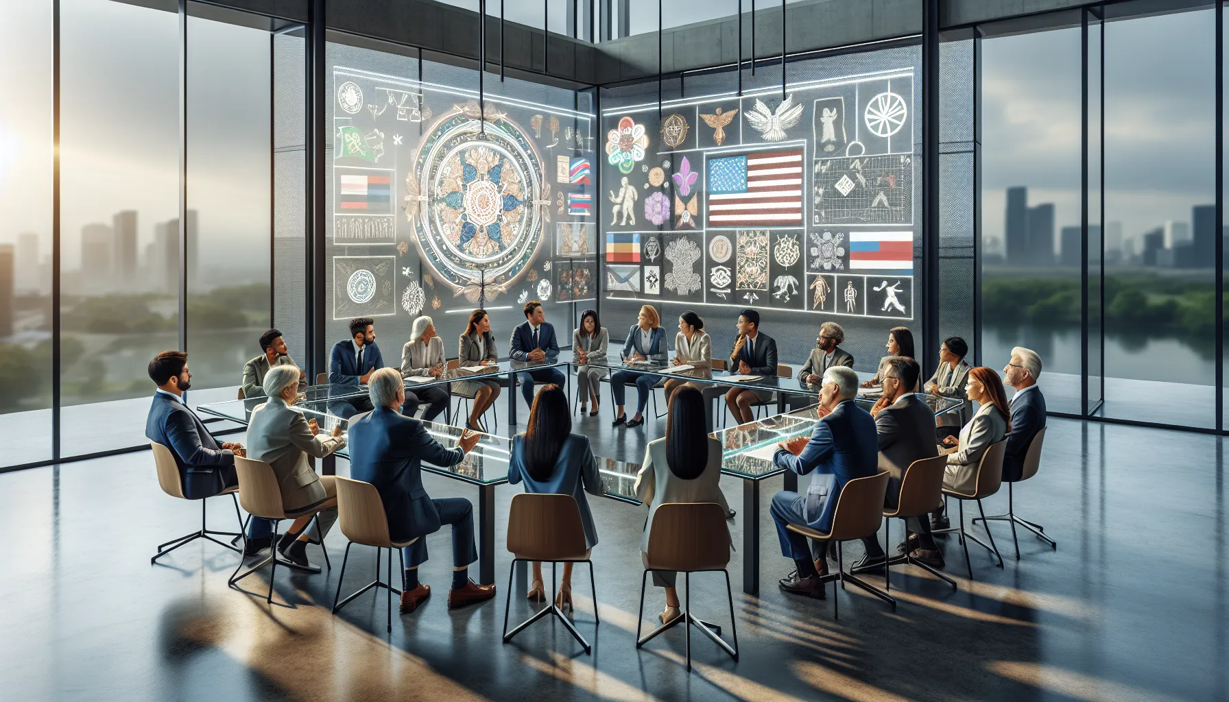diverse group discussing Firqodollah in a modern office setting.