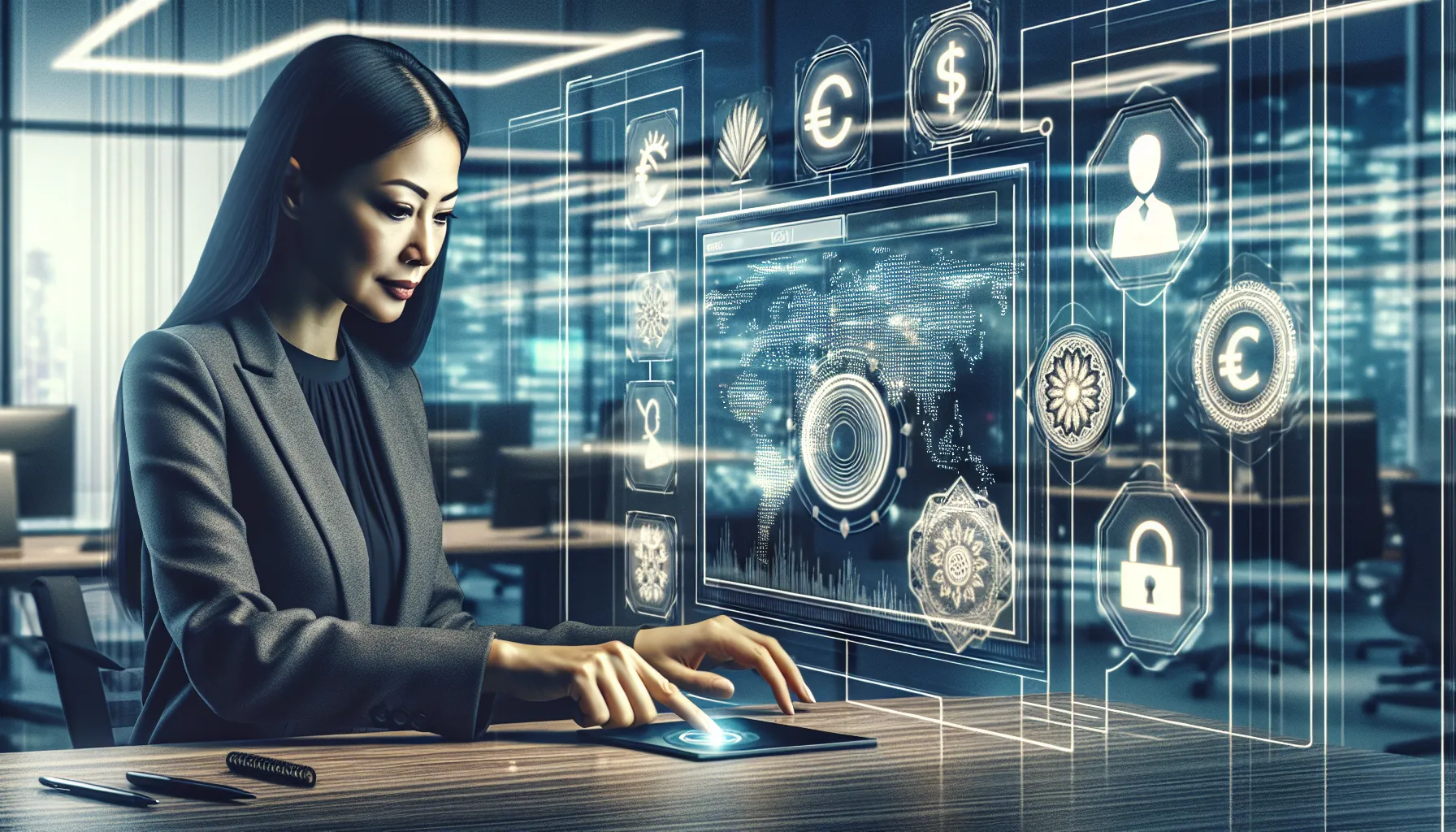 A banking professional operating a digital interface in a modern setting.