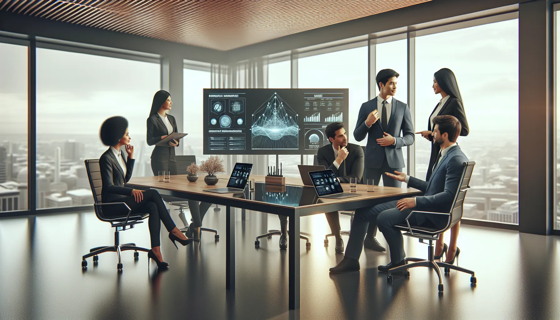 IT professionals discussing network performance in a modern office.