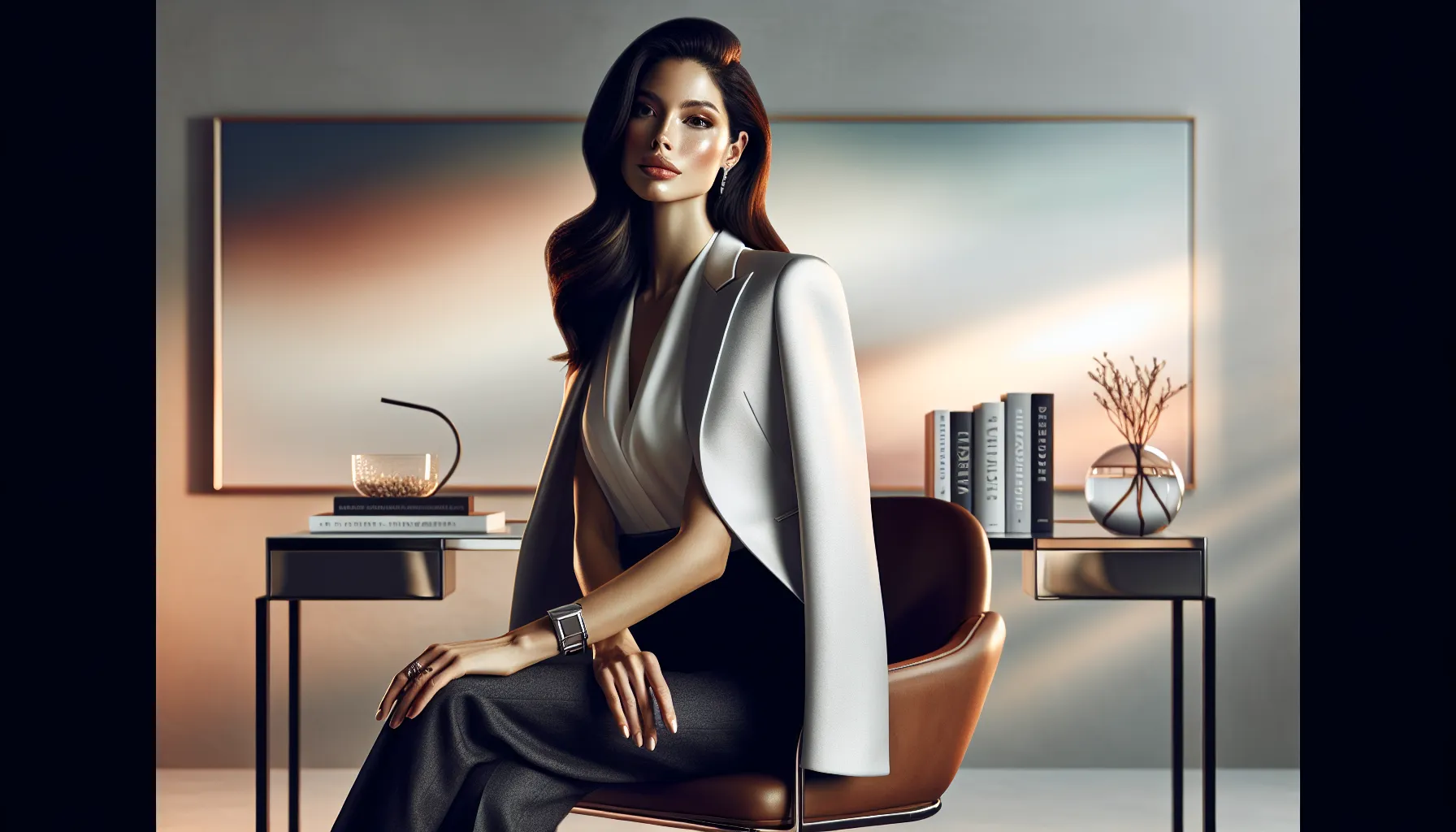 Brooke Shields reflecting in a modern office setting.