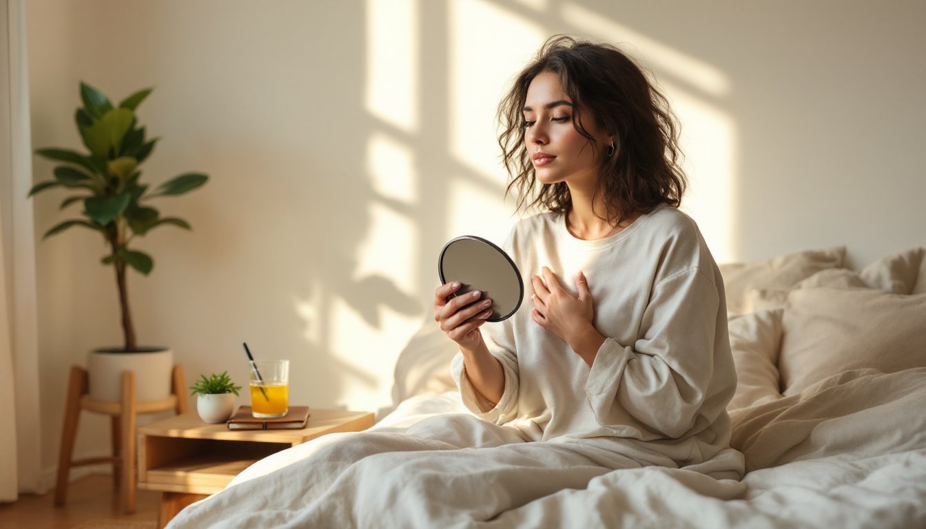 A woman checks her tongue in a small mirror while sitting on her bed in soft morning light.
