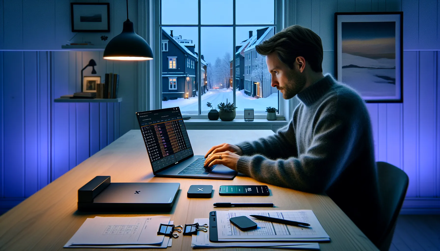 Hvordan lagre eiendeler under en skilsmisse: praktiske tips 2 Person organizing assets with spreadsheet, 2fa phone, and fireproof safe in norway.