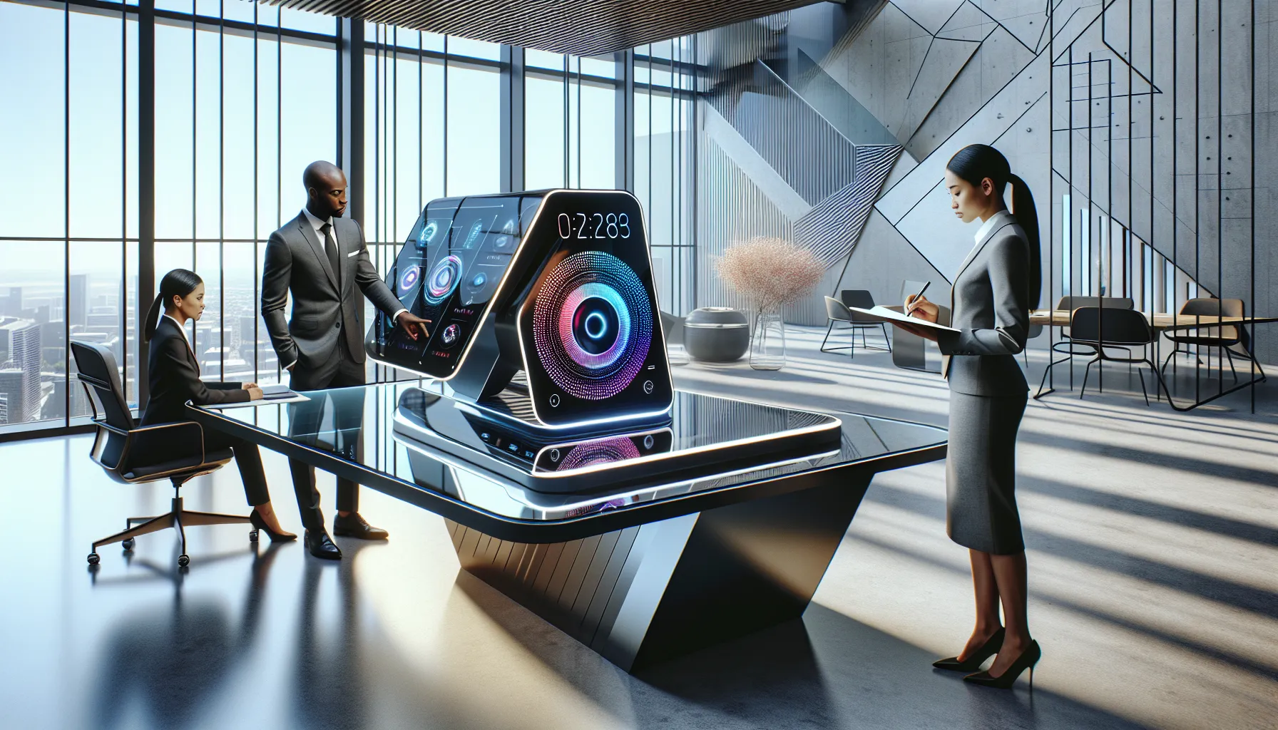 Modern workspace with the XTA21074052110022 device and professionals collaborating.