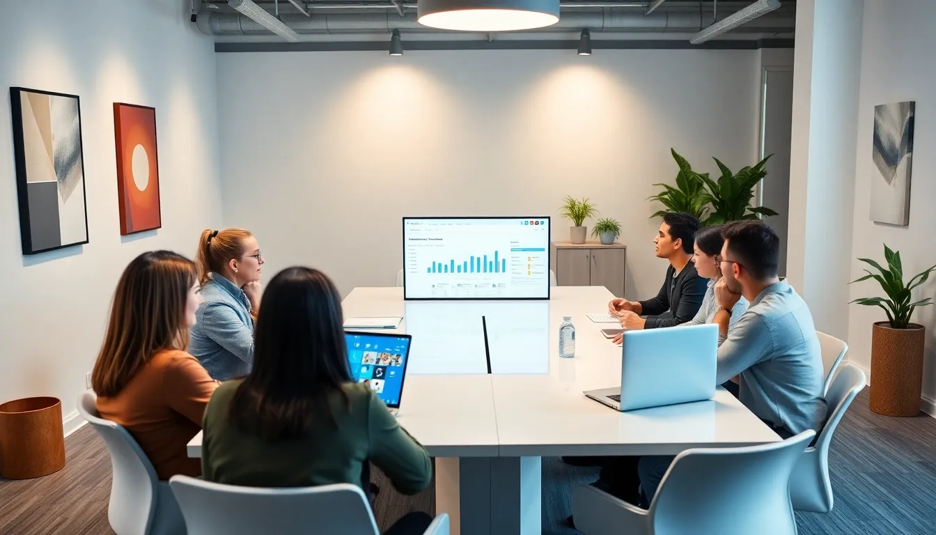 diverse team discussing digital strategies in a modern office.