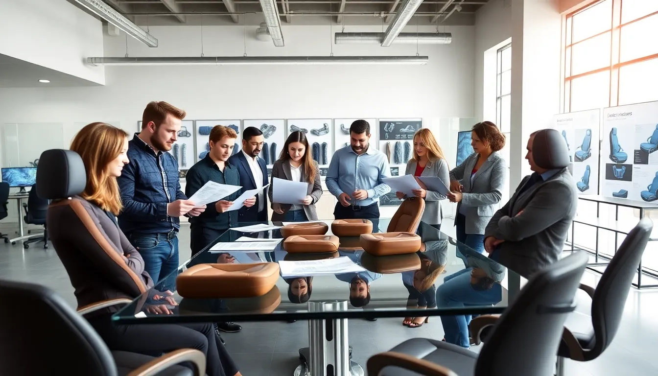 diverse team in a modern design studio reviewing automotive seat prototypes.