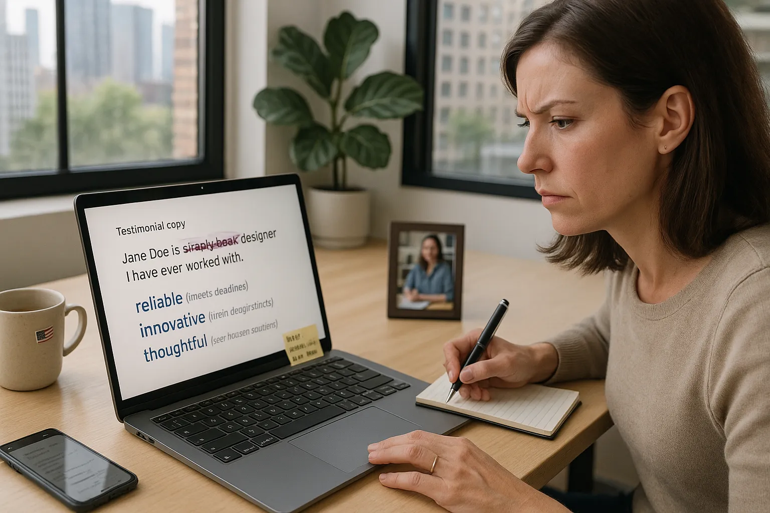 A professional editing a testimonial on a laptop, replacing “simply the best” with specific qualities.