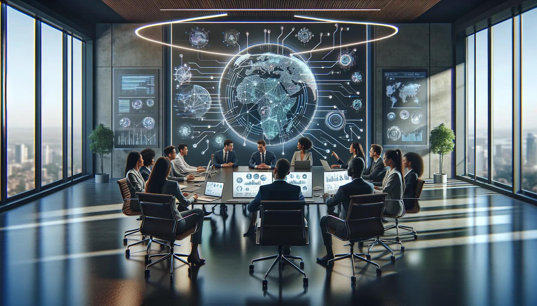 diverse team collaborating in a modern digital workspace.