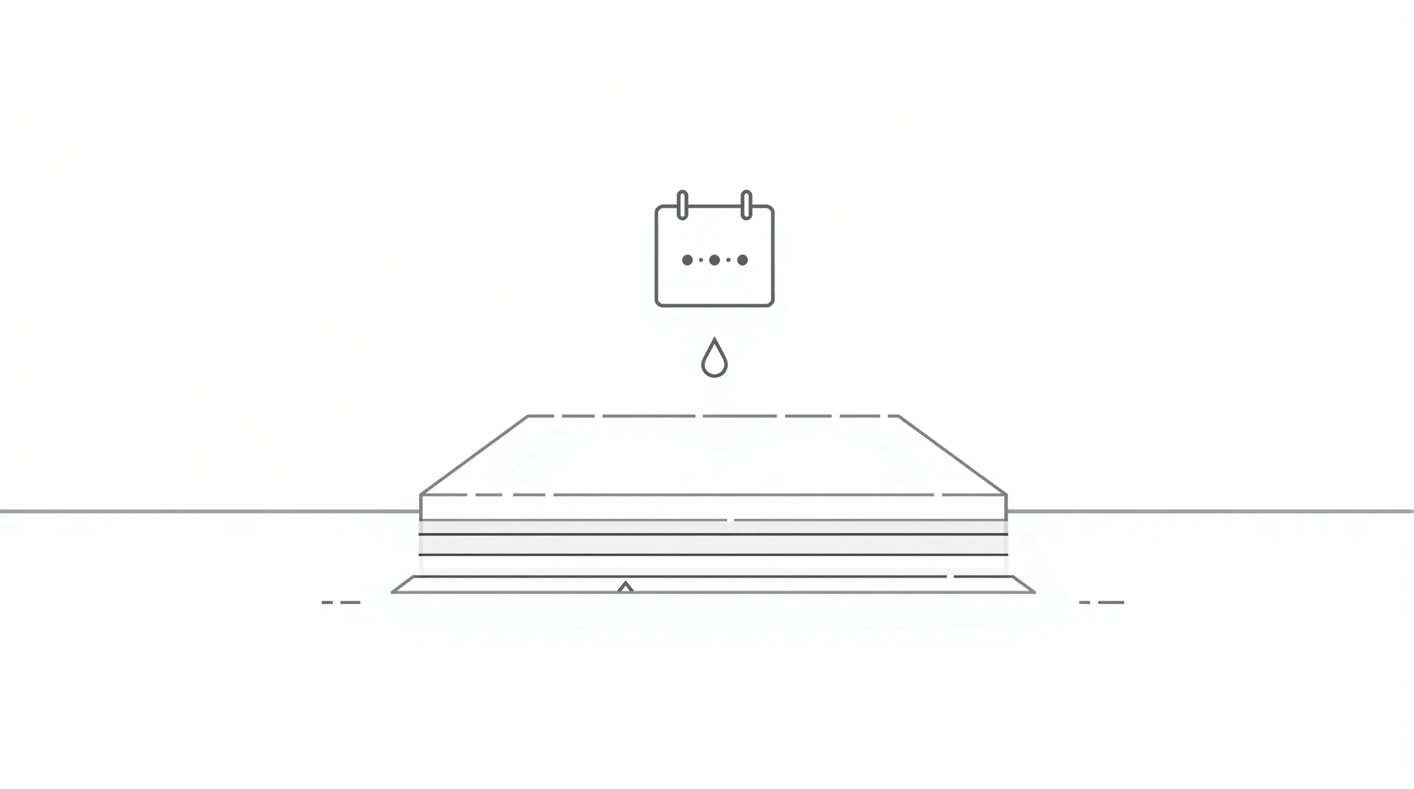 Minimalist illustration of floor screed layer with calendar and moisture droplet symbol.