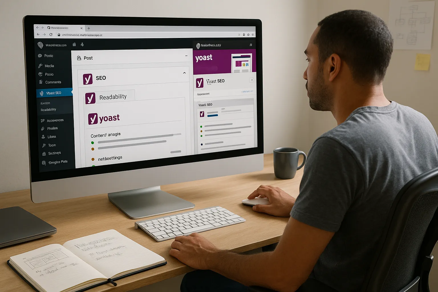 Marketer viewing the Yoast SEO logo across WordPress dashboard and training materials.