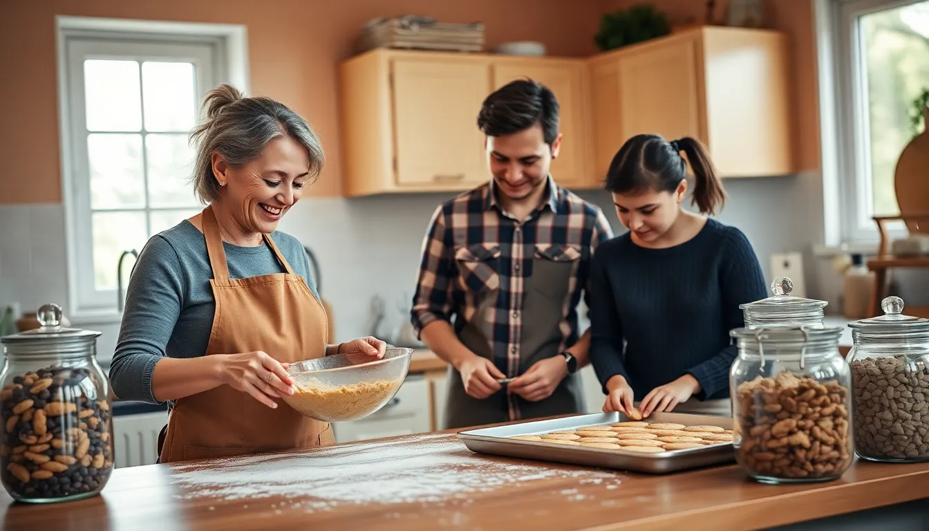 diverse bakers making cookies in a warm, inviting kitchen.