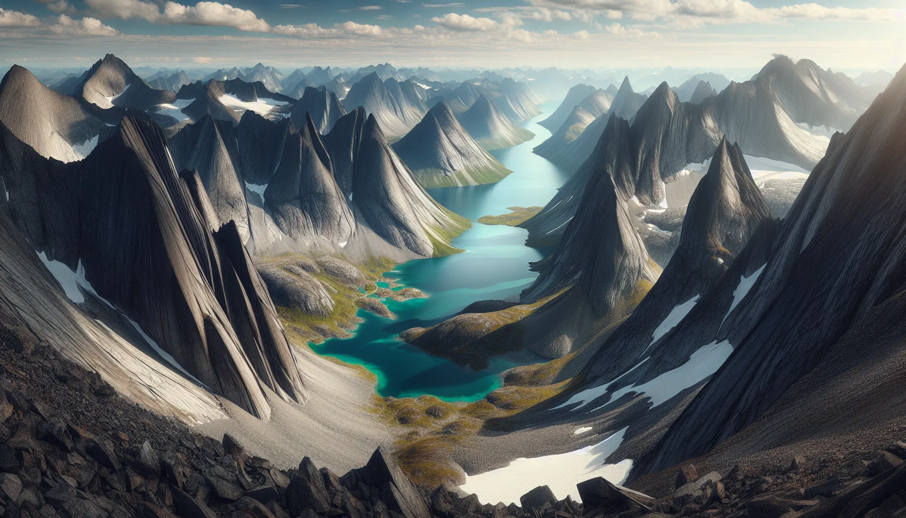 Wide mountain panorama over turquoise glacial lake and jagged jotunheimen peaks.