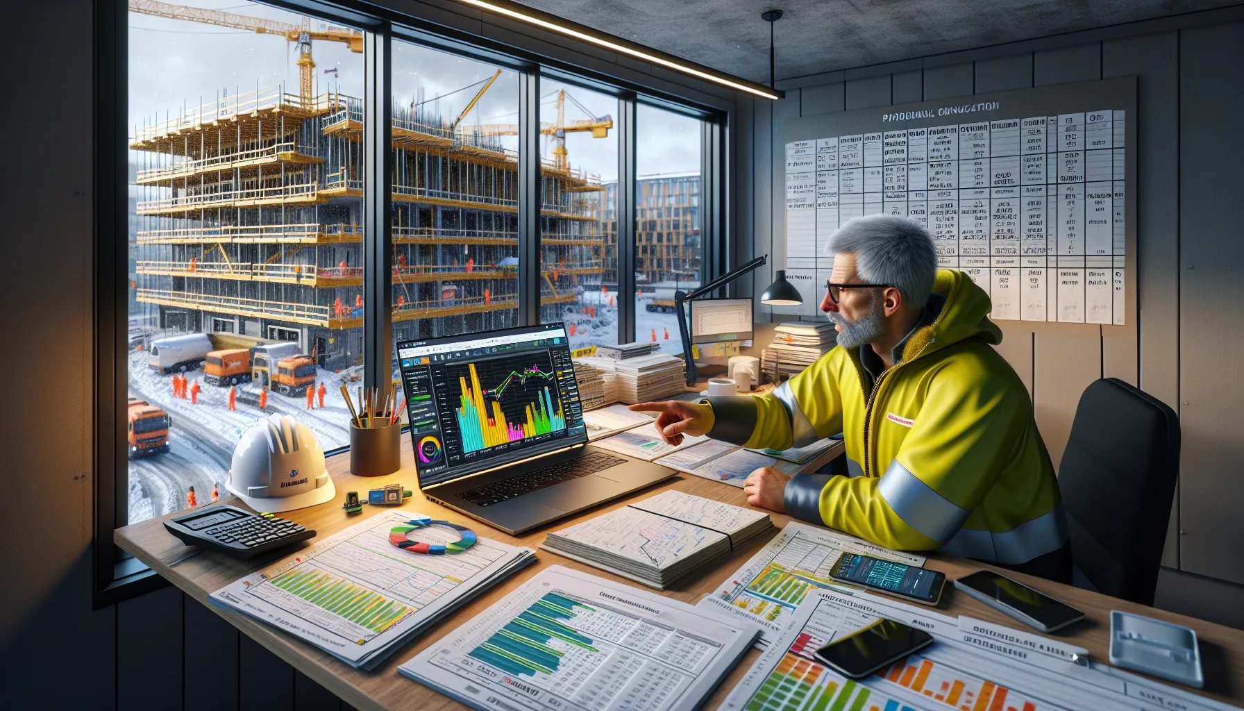 Norwegian construction manager reviewing analytics dashboard to prevent delays and rework.