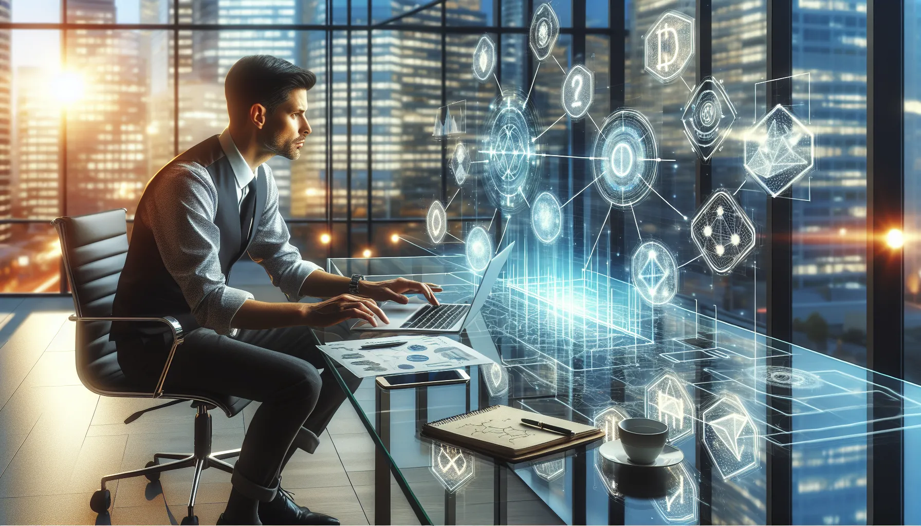 Financial analyst studying holographic cryptocurrency tokenomics charts and distribution models at modern office desk.