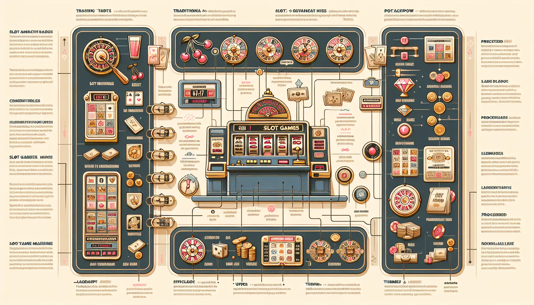 Infographic explaining slot games and their types, with visuals and category icons.