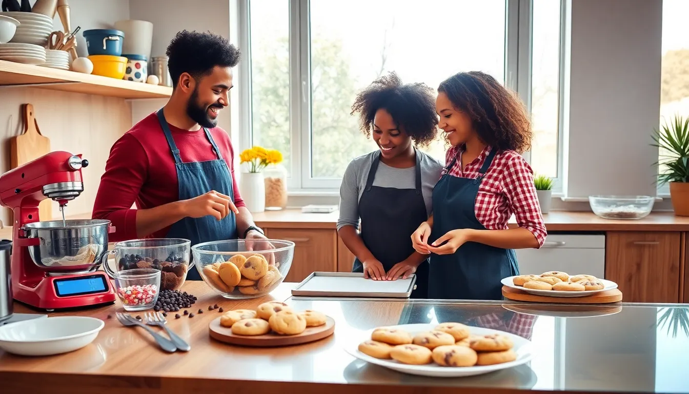two bakers preparing fresh cookies in a bright kitchen.