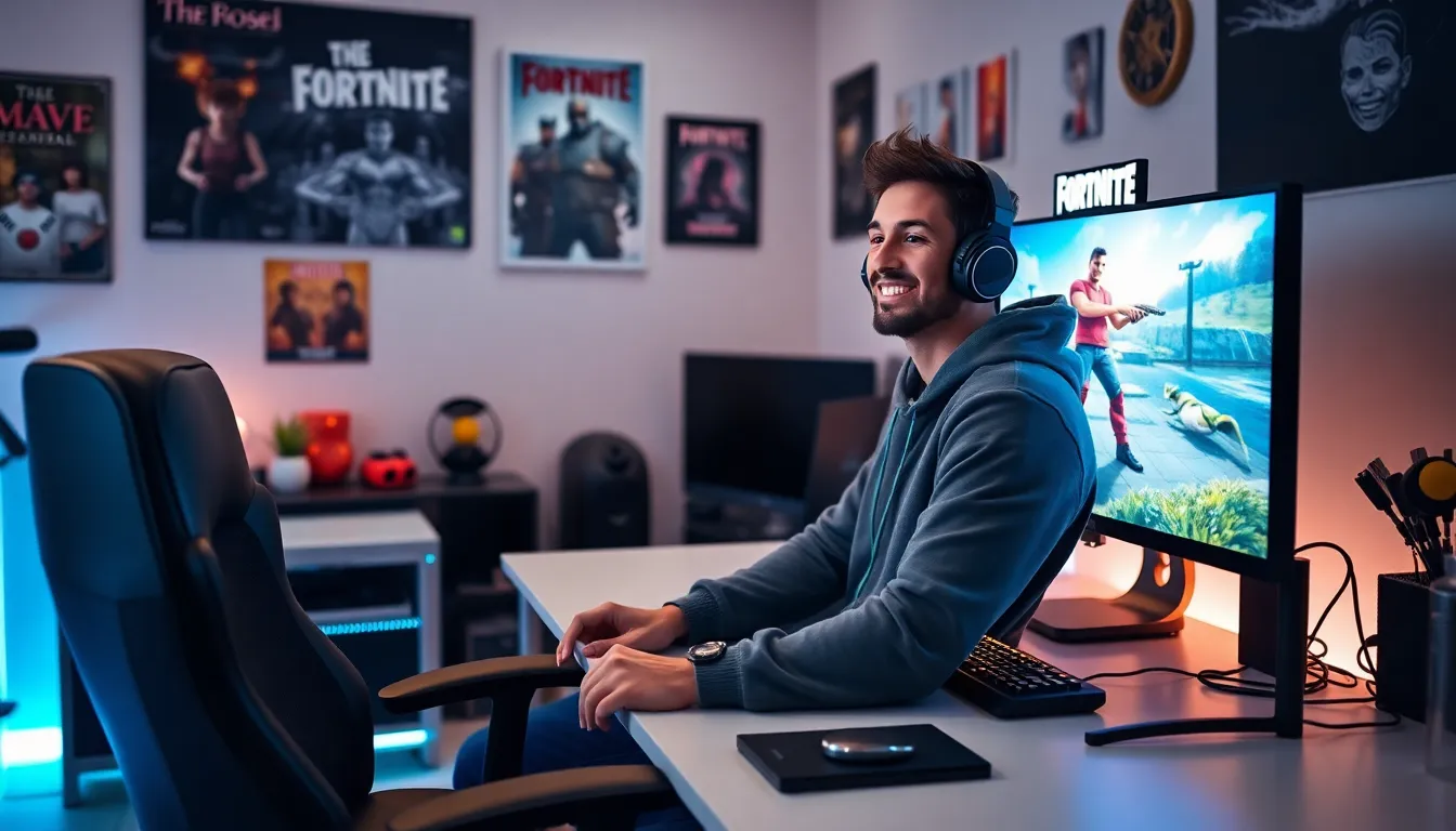 gamer in a modern office setup playing Fortnite.