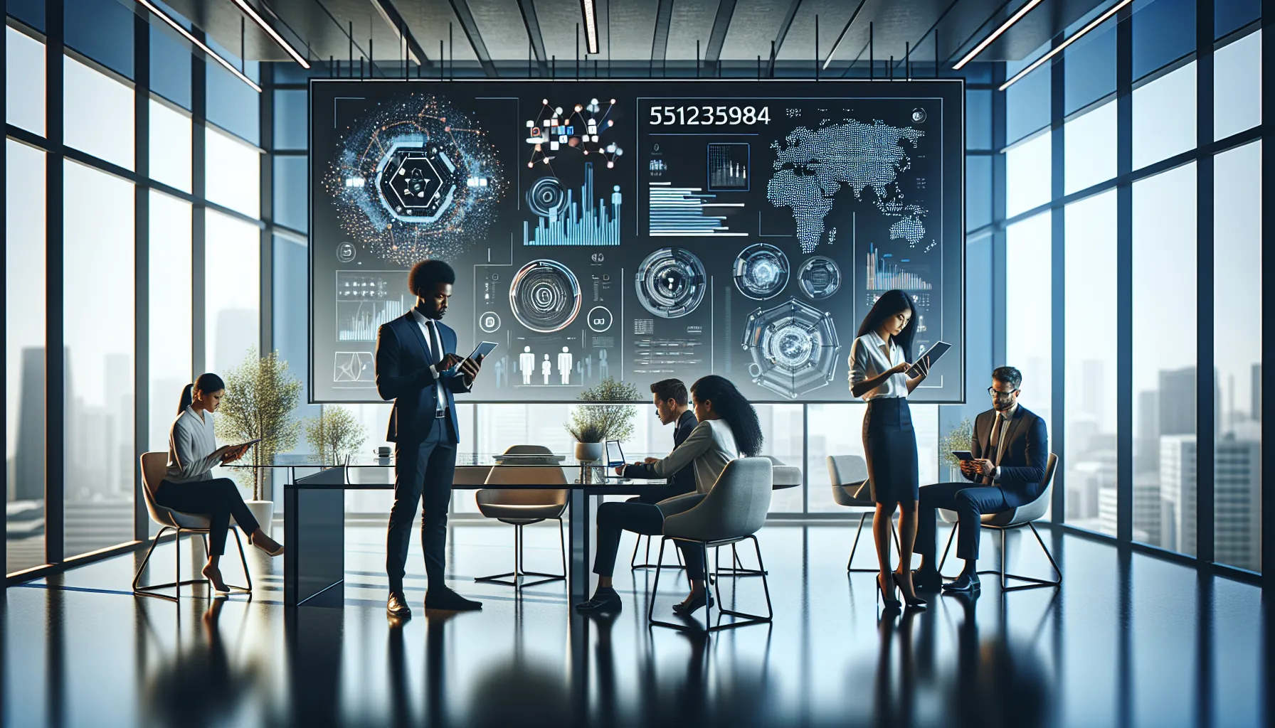 team analyzing digital data in a modern office setting.