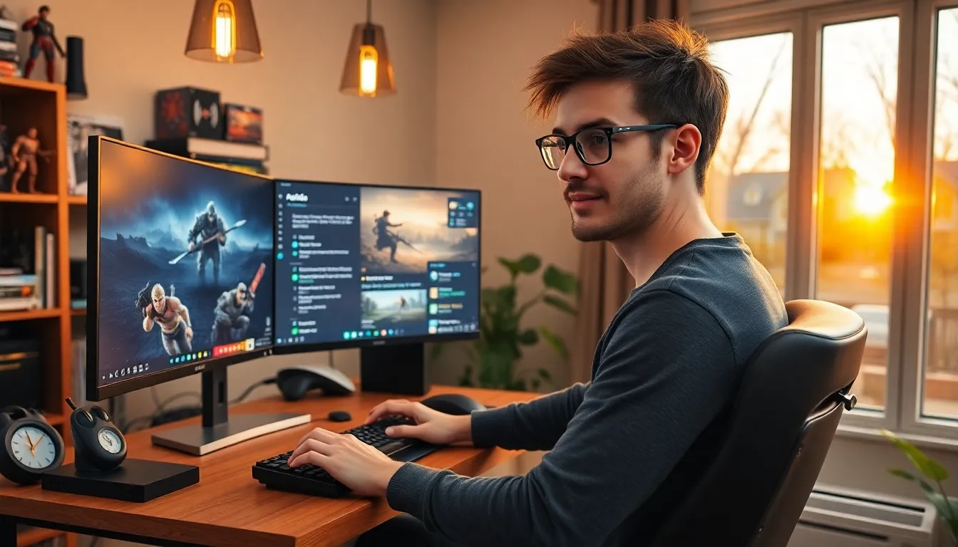 A young man creating gaming guides in his cozy home office.