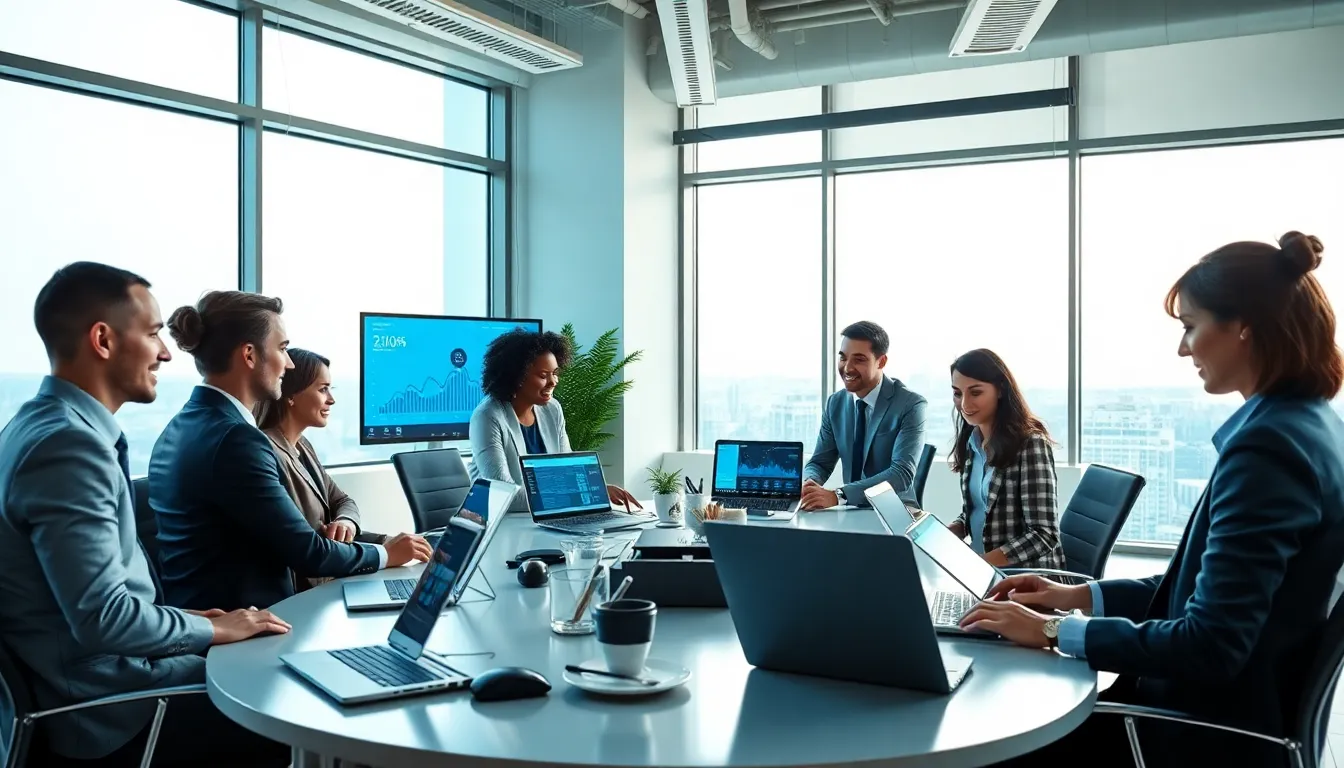 diverse professionals collaborating with advanced WebBizMagnet hardware in a modern office.