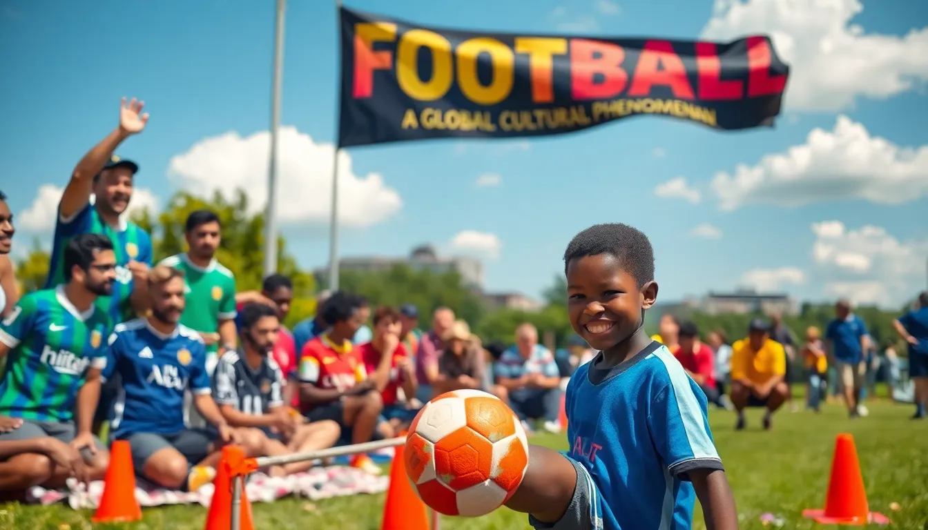 Fans enjoying football in a lively park, showcasing diverse teams and cultures.