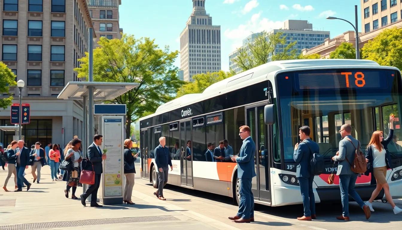 modern bus stop in Milwaukee with diverse commuters.