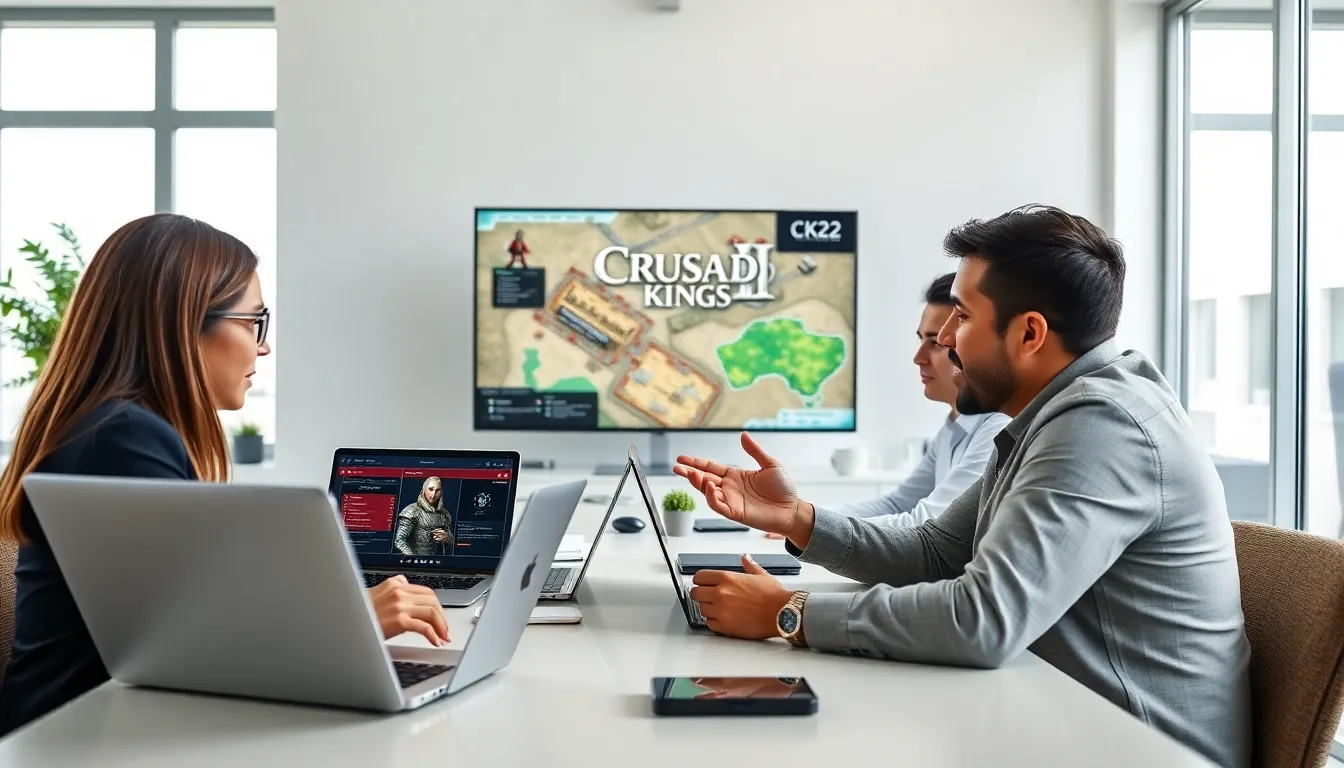 diverse team collaborating in a modern office on game development.