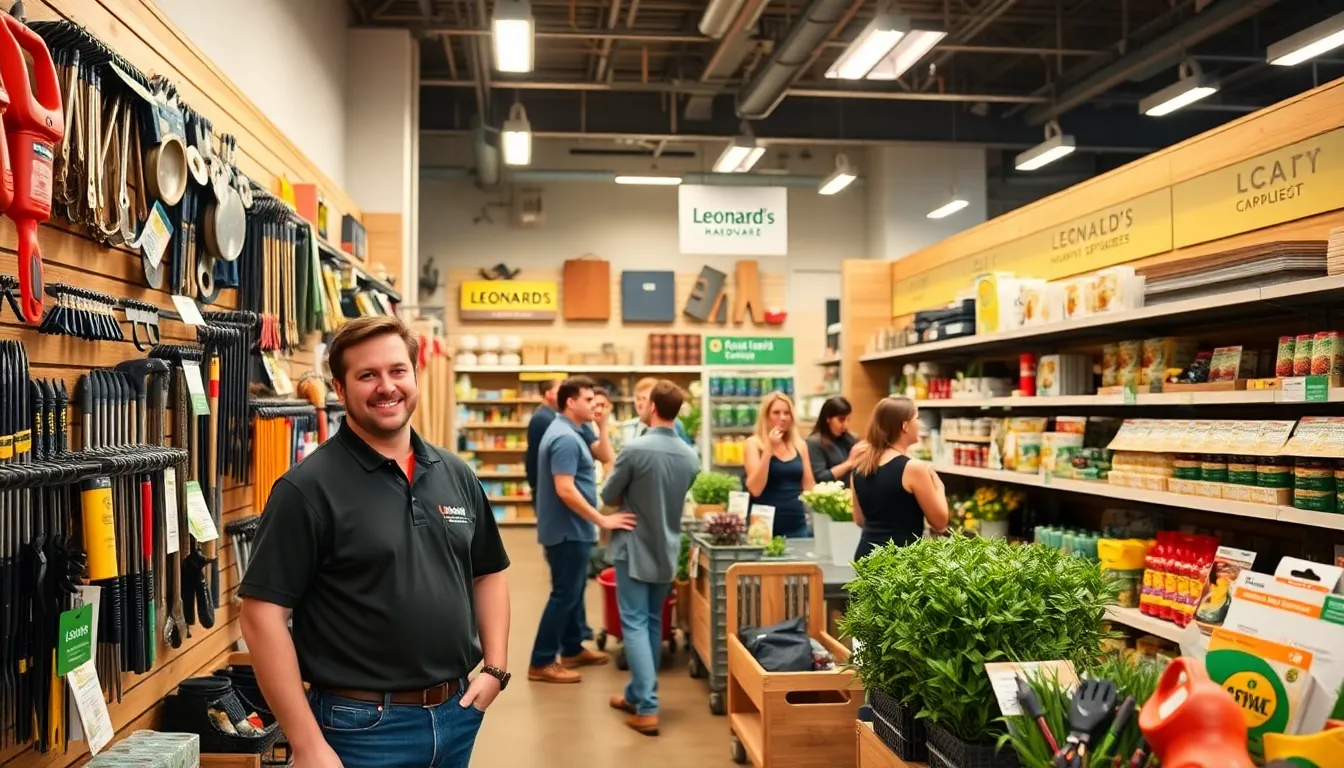 Friendly staff assisting customers in a modern hardware store.