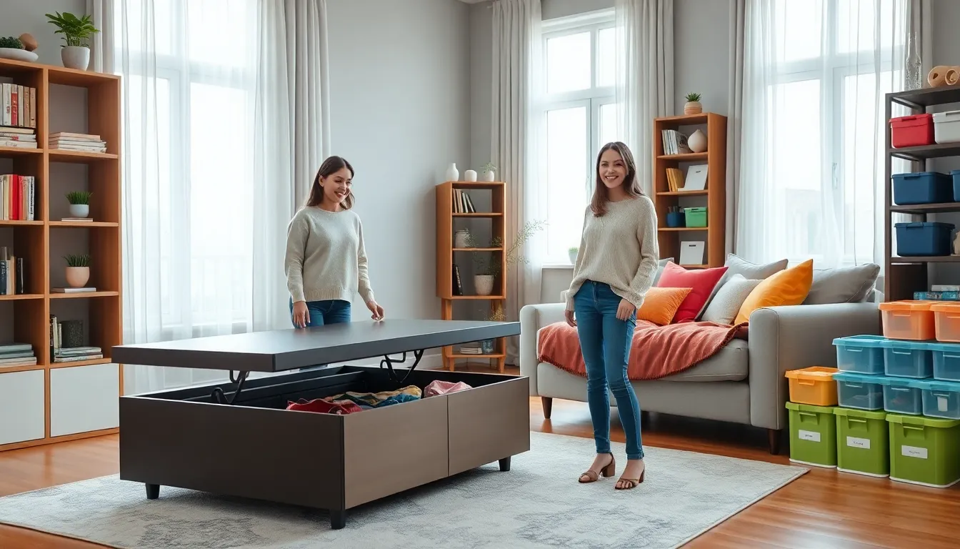 A woman arranging a multifunctional living room with smart storage solutions.