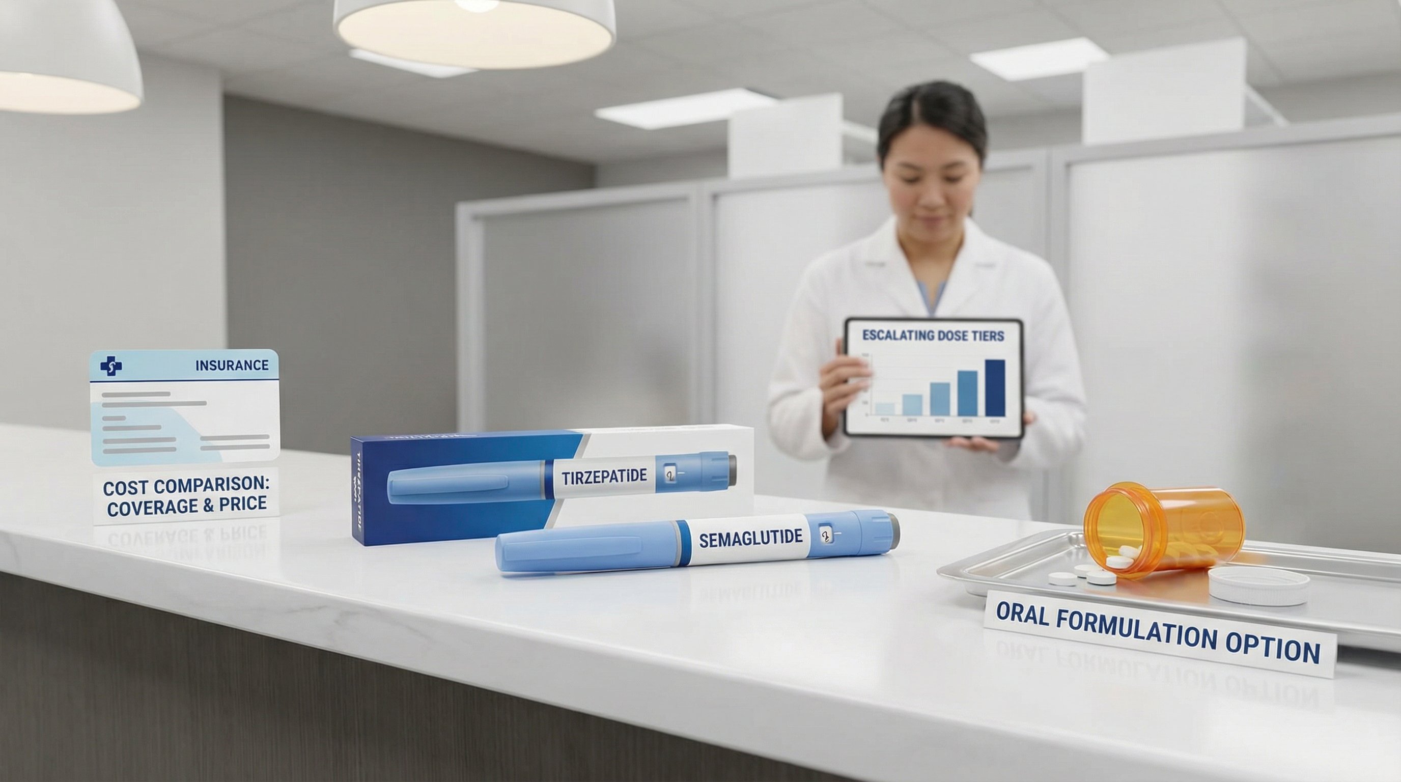 Two injection pens and oral tablets on a pharmacy counter with a healthcare provider.