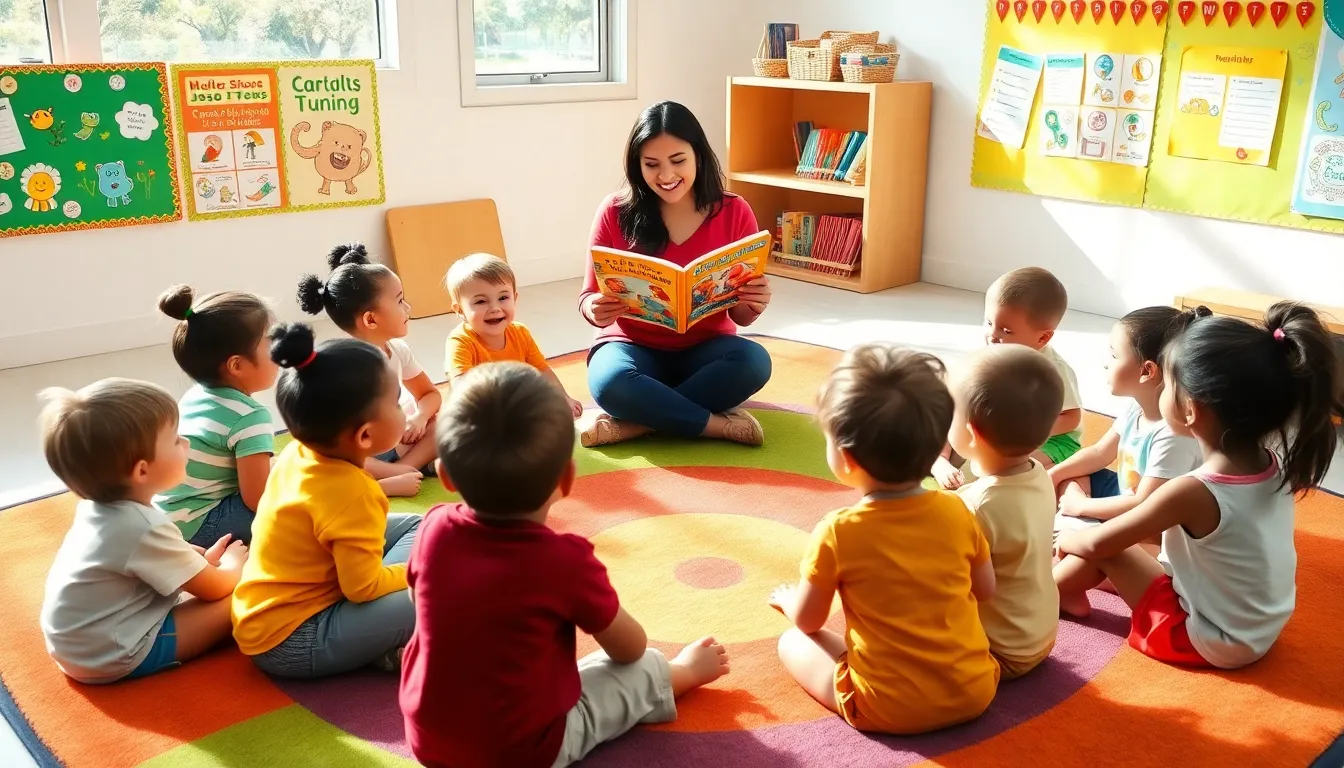 children engaged in circle time in a colorful preschool classroom.