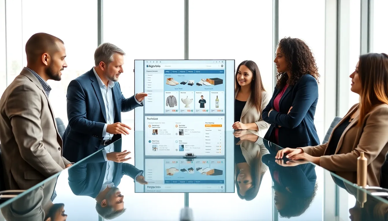 diverse professionals discussing an online shopping platform in a modern office.