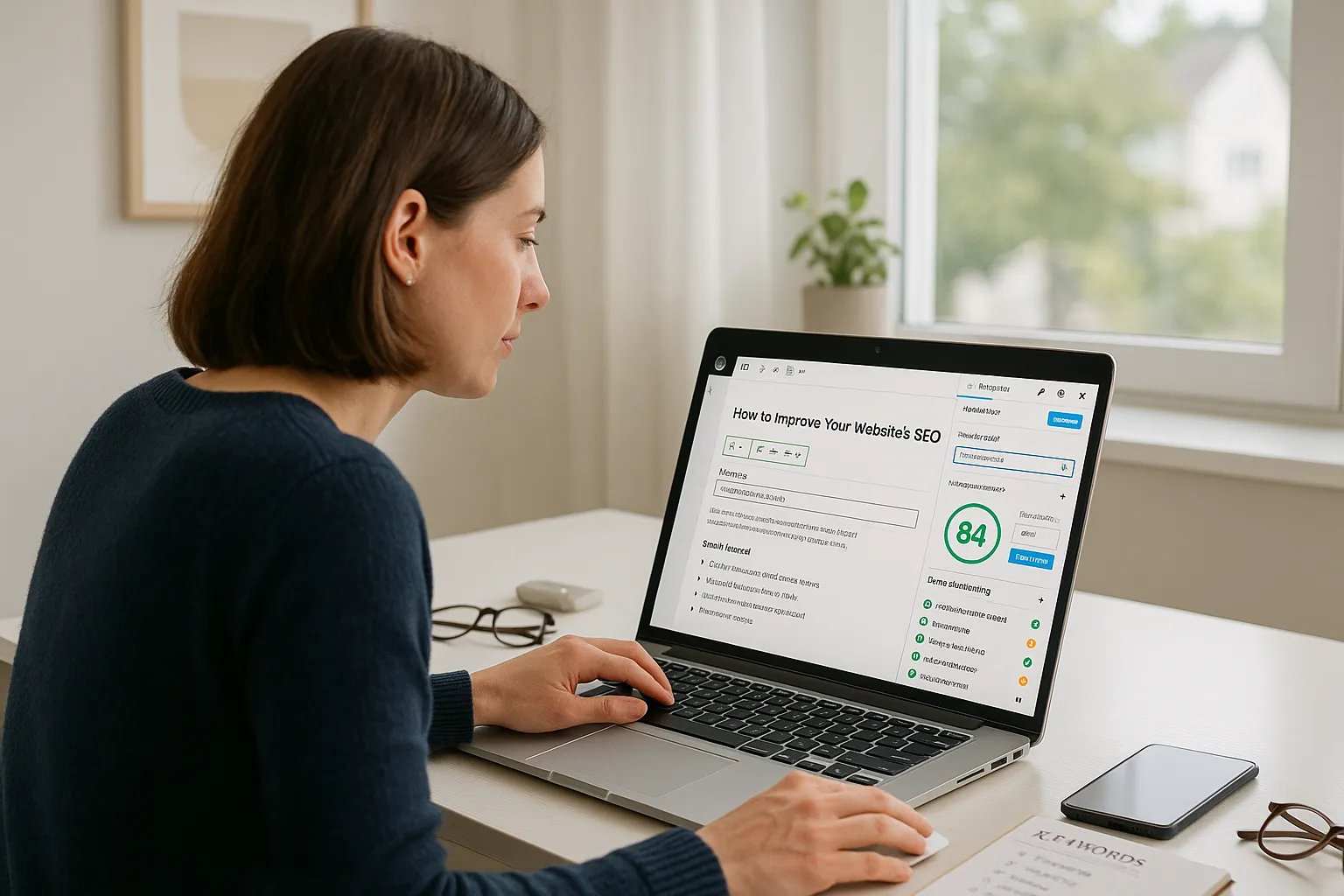 Person optimizing a WordPress post using the RankMath SEO checker on a laptop.