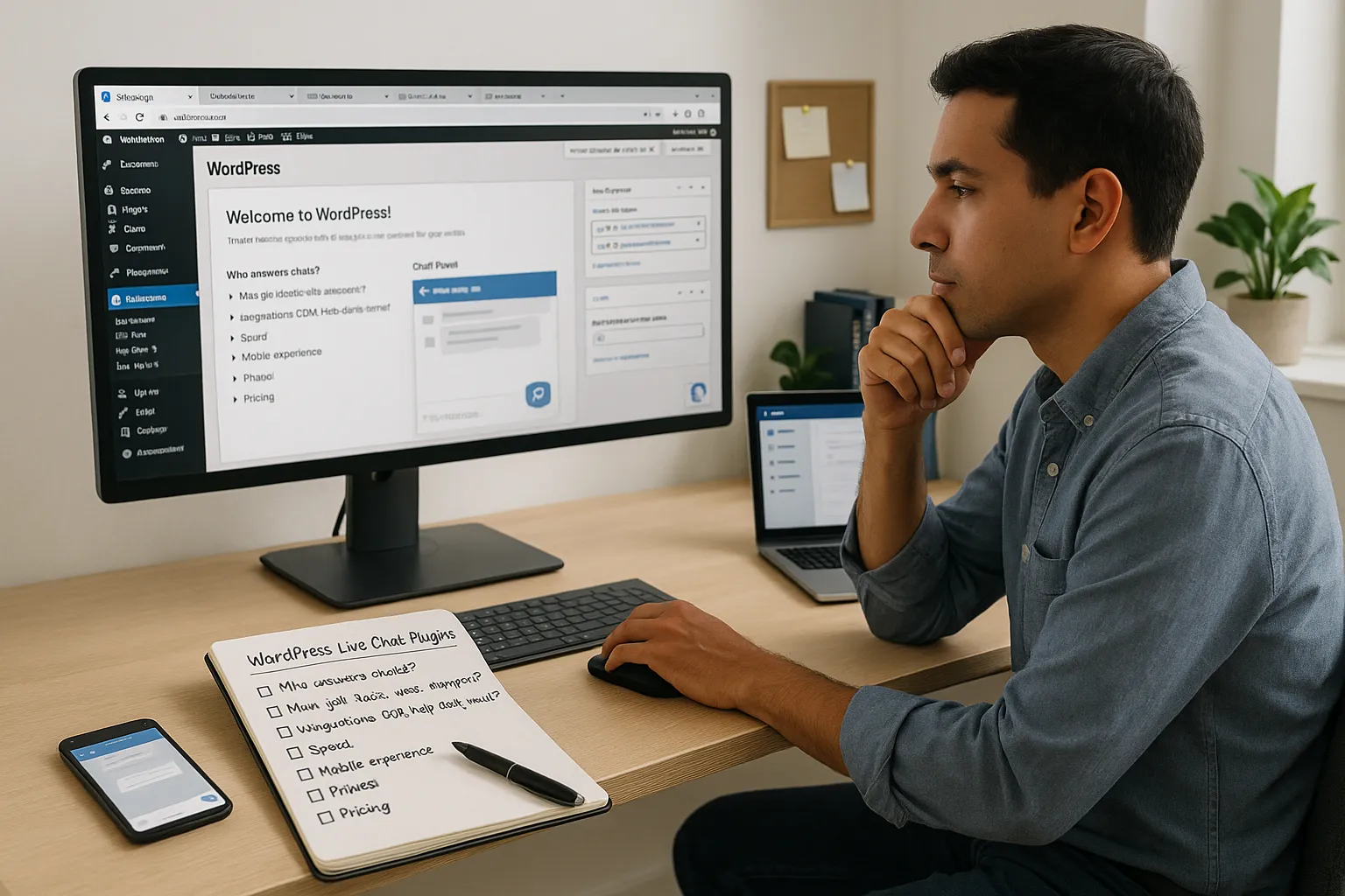 Small business owner calmly comparing WordPress live chat plugins with a written checklist.