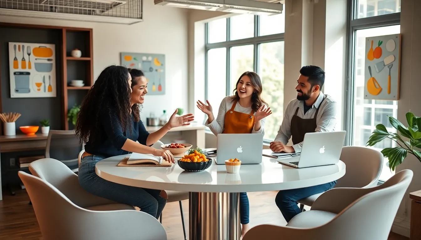 diverse professionals collaborating in a modern office about cooking and food.