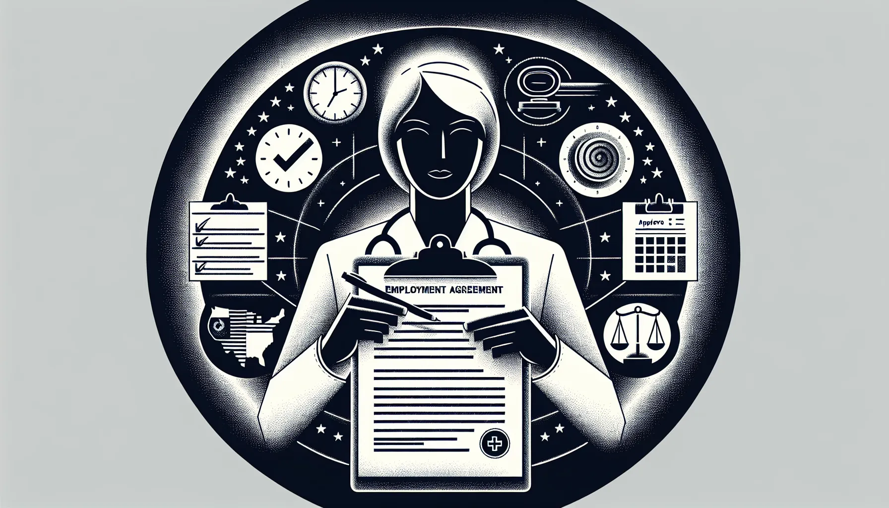 Physician reviewing a contract with approval icons and a U.S. map radius.