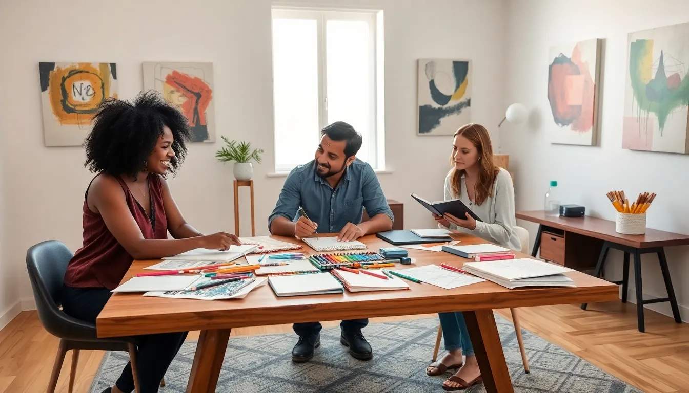 three artists brainstorming ideas in a creative workspace.