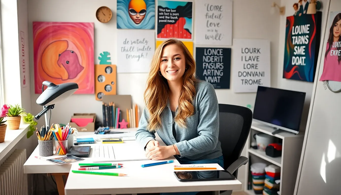 Laurenbombfisher in a creative workspace, surrounded by art supplies.