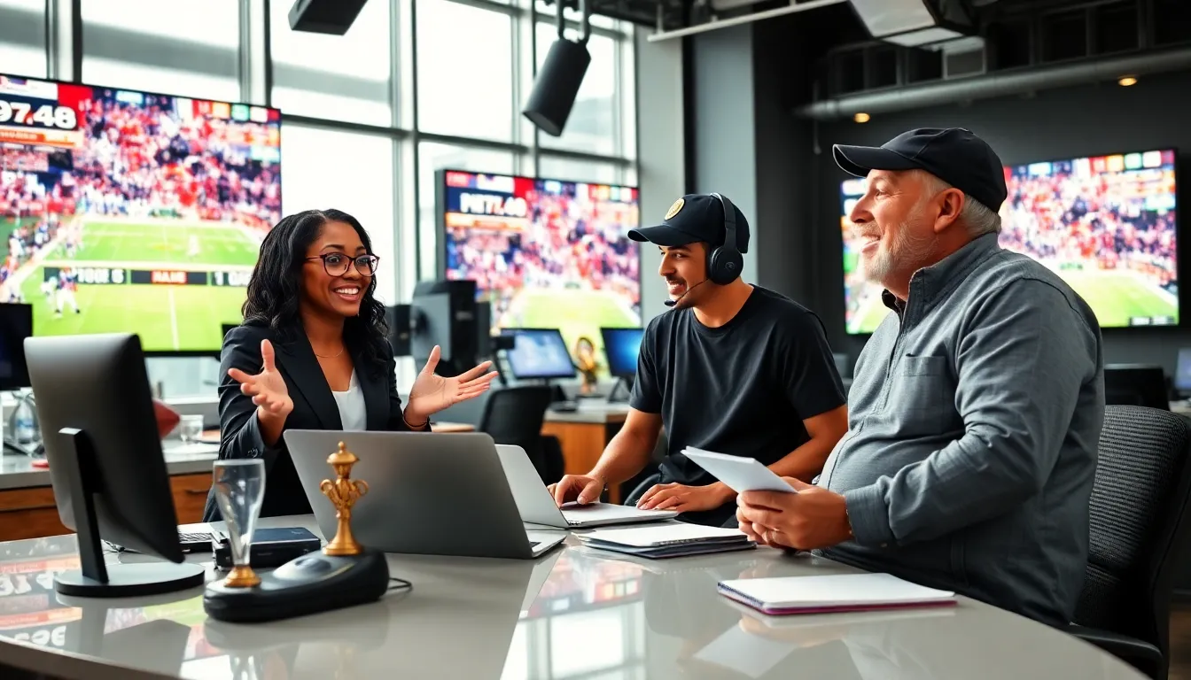 sports journalists discussing news in a lively newsroom setting.