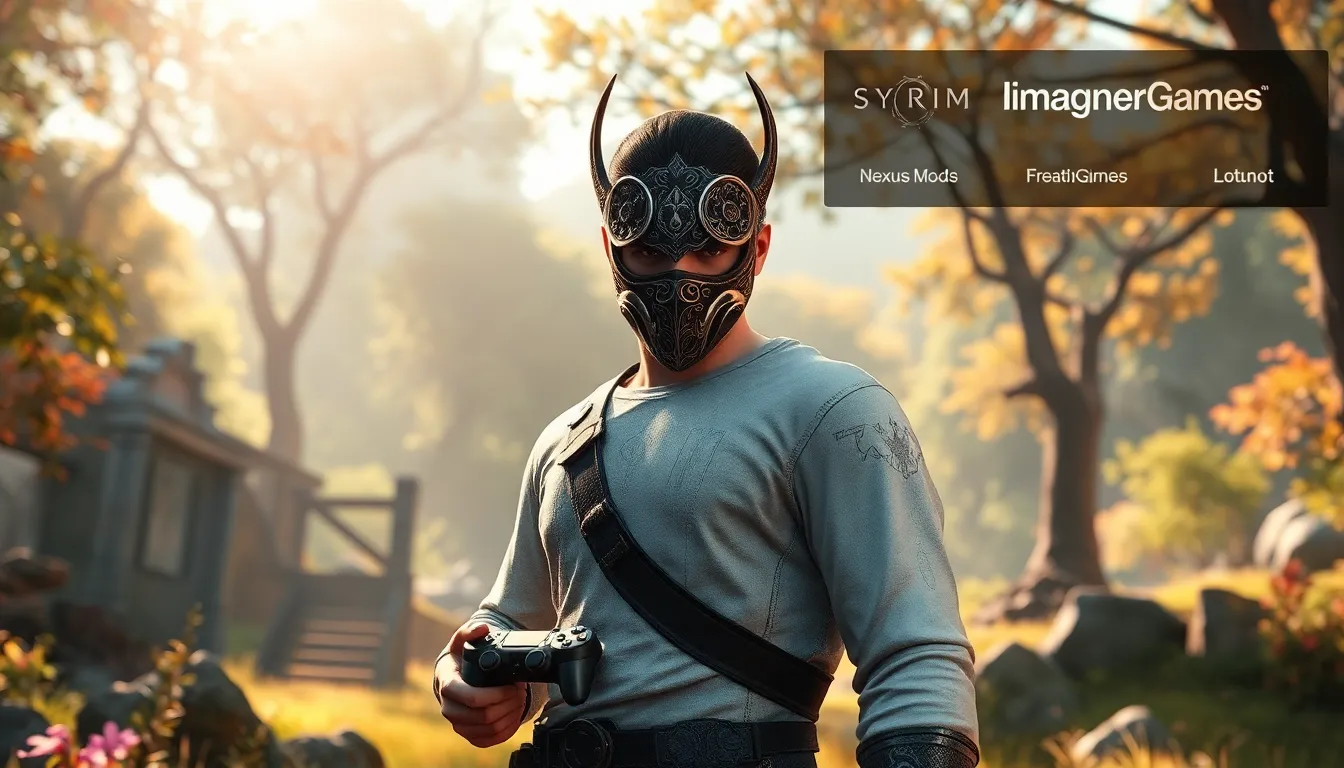 Skyrim character wearing a detailed face mask in a vibrant landscape.