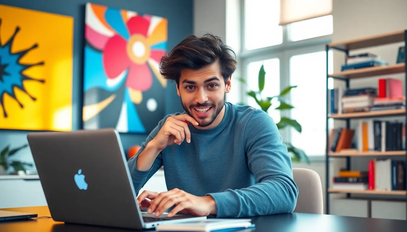 individual creating content in a modern, bright office.