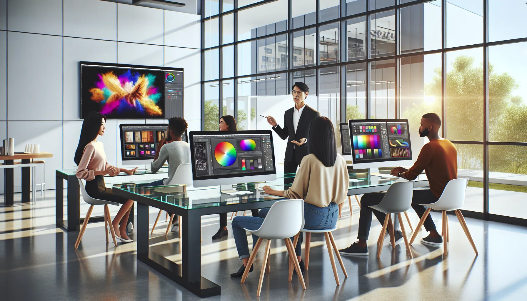 diverse professionals collaborating in a Photoshop training session.