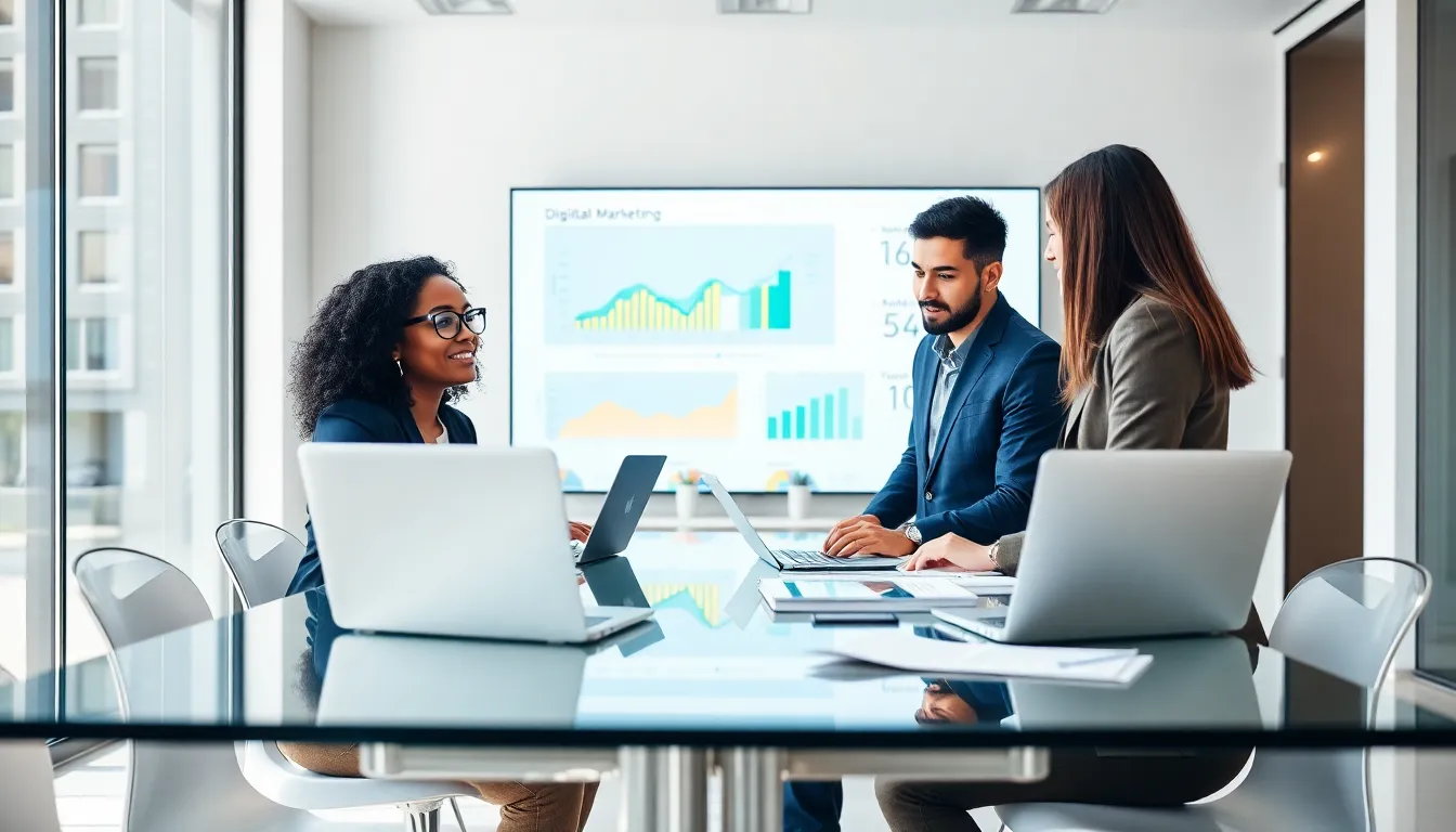 diverse team collaborating over digital marketing strategies in an office.